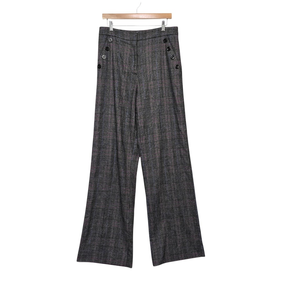 Veronica Beard Glen Plaid Wide Leg Sailor Button Pants Purple Blue Wool Size 12 - Picture 2 of 8
